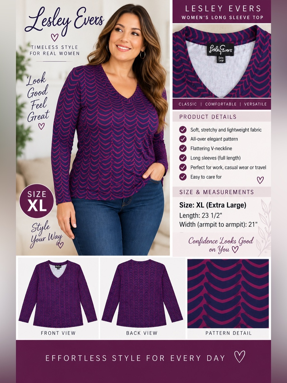 Lesley Evers Women’s XL Long Sleeve V-Neck Geometric Print Stretch Top